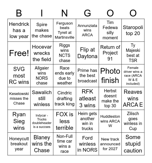 NASCAR 2026 Bingo Card