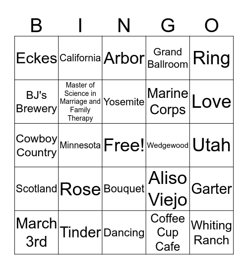 Bridal Bingo Card