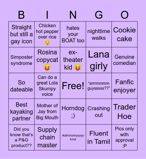 Varsha Culture Bingo Card