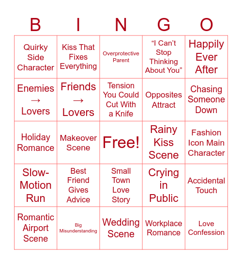 Rom Com Bingo Card