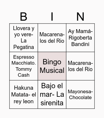 Bingo Musical Bingo Card