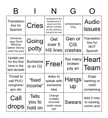customer service Bingo Card