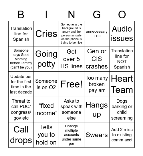 customer service Bingo Card