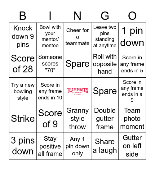 TeamMates Mentoring Bowling Bingo Card