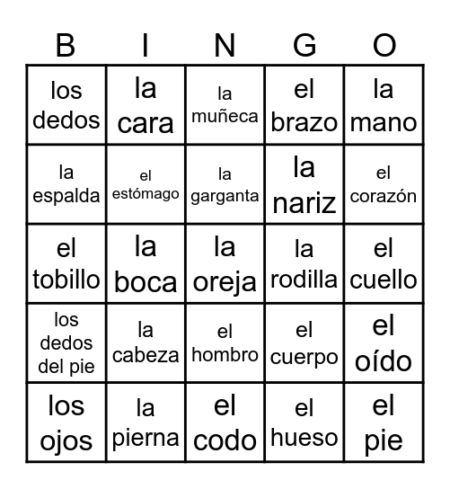 El Cuerpo Bingo Card