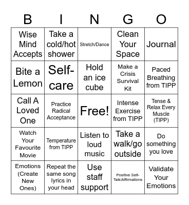 DBT SKILLS - DISTRESS TOLERANCE Bingo Card