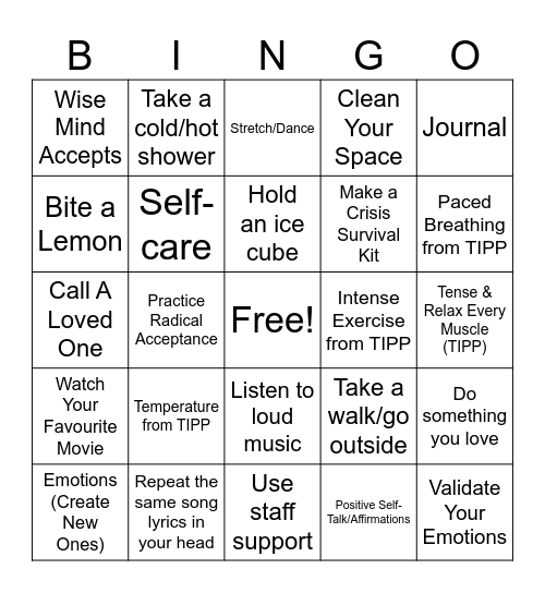 DBT SKILLS - DISTRESS TOLERANCE Bingo Card
