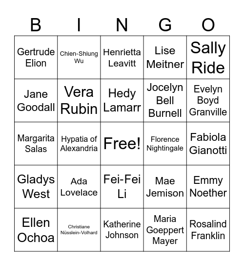 Women in Science Bingo Card