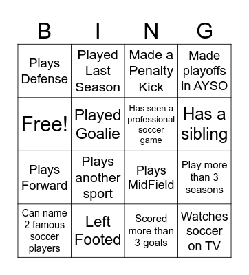 Soccer Bingo Card