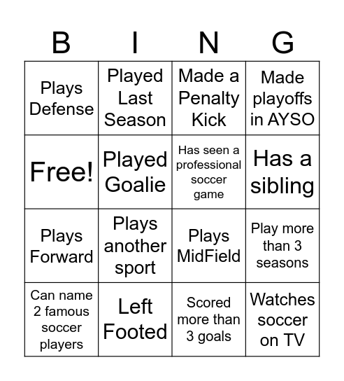 Soccer Bingo Card