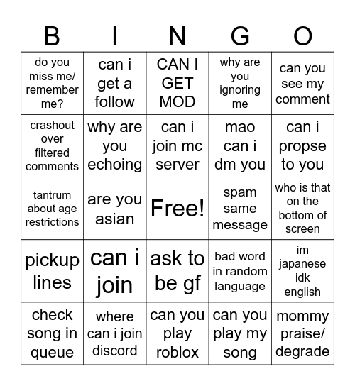 maos chat Bingo Card