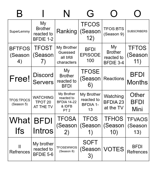 What's your favourite TFOS Season? Bingo Card