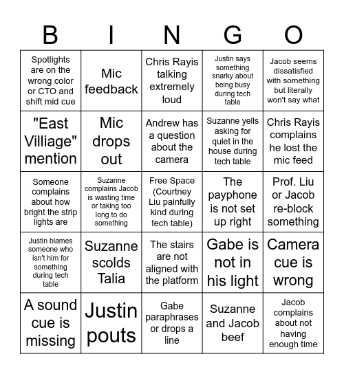 RENT 1st Dress Bingo Card