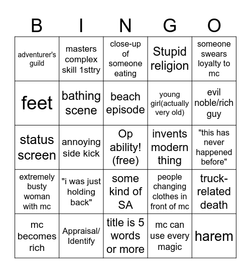 Slop bingo Card