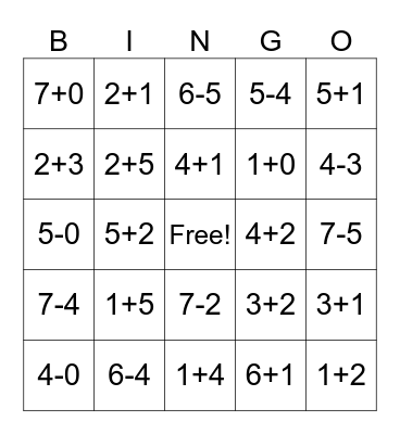 Addition/Subtraction Up to 7 Bingo Card