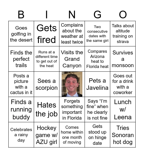 Justin’s Arizona Adventure Bingo Card