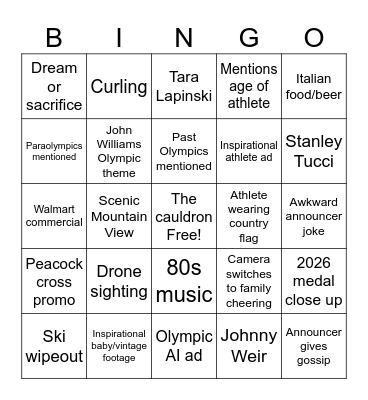 Olympics Bingo Card