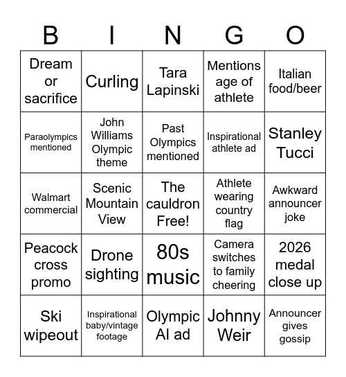 Olympics Bingo Card