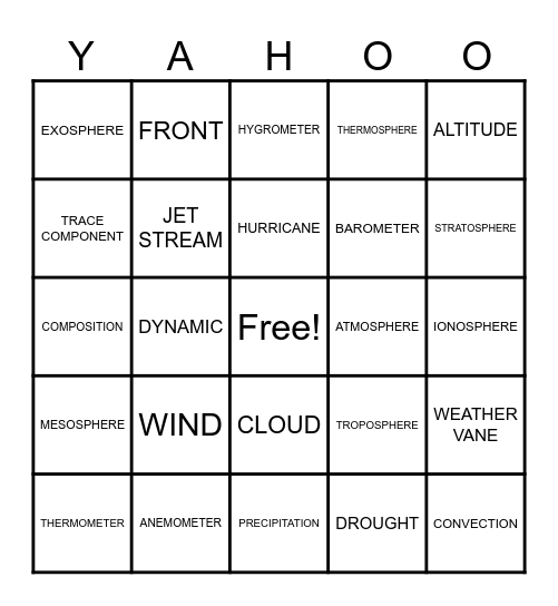 6.7 Atmosphere Vocabulary Bingo Card