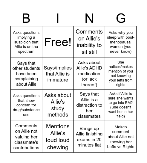 Allie's Small Group Doc Gives Her Feedback Bingo Card