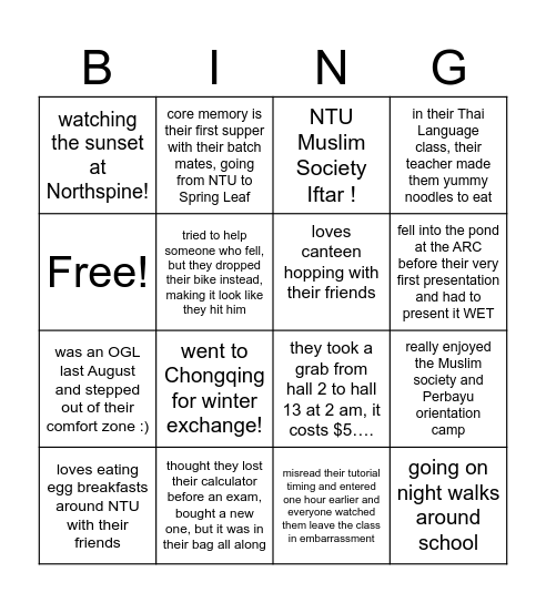 This person's NTU memory is... Bingo Card