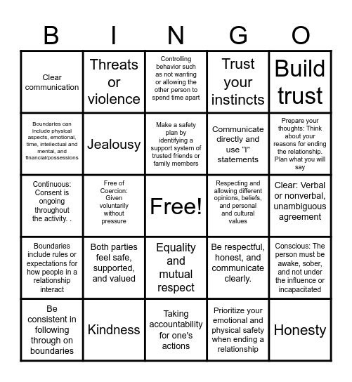 Relationship Bingo Card