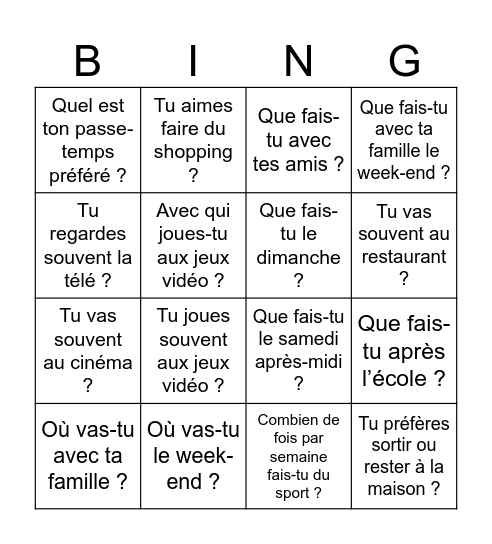 Questions pour Loisirs Bingo Card