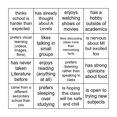 Literature Bingo Card