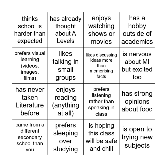 Literature Bingo Card