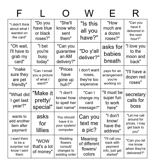 Florist Valentine Bingo Card