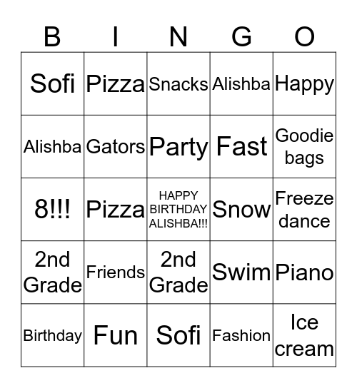 ALISHBA'S BIRTHDAY BINGO! Bingo Card