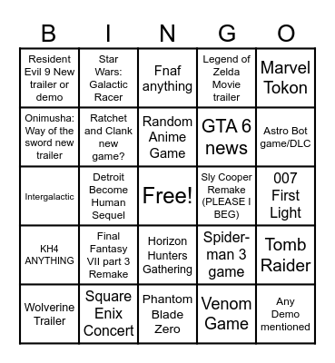 State of Play Bingo Card