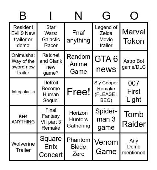 State of Play Bingo Card