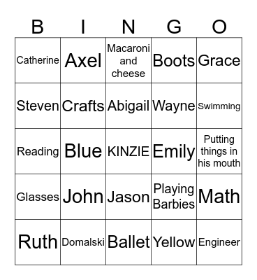 KINZIE FAMILY BINGO! Bingo Card