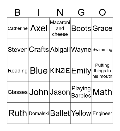KINZIE FAMILY BINGO! Bingo Card
