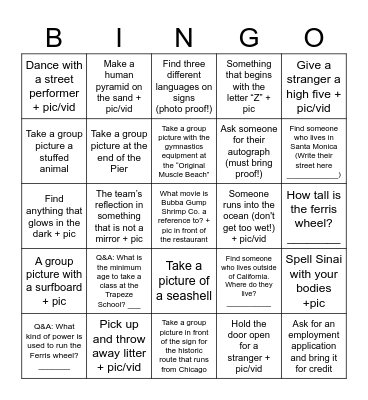 Santa Monica Pier Scavenger Hunt Bingo Card