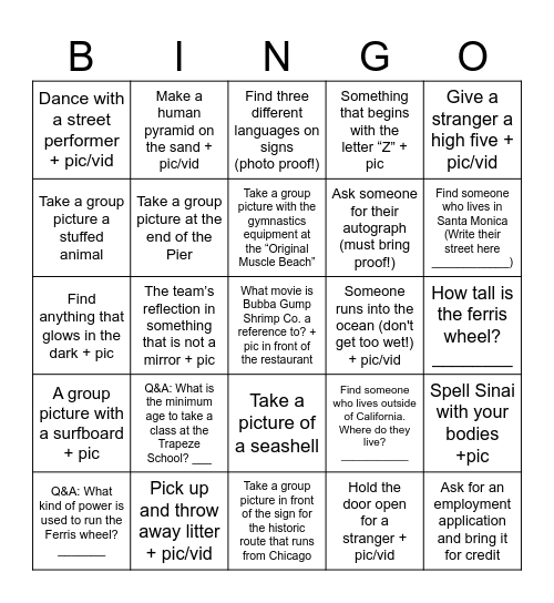 Santa Monica Pier Scavenger Hunt Bingo Card