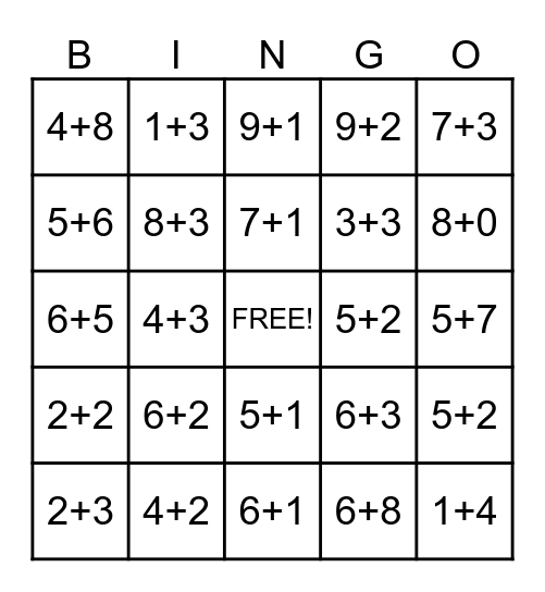 ADDITION Bingo Card