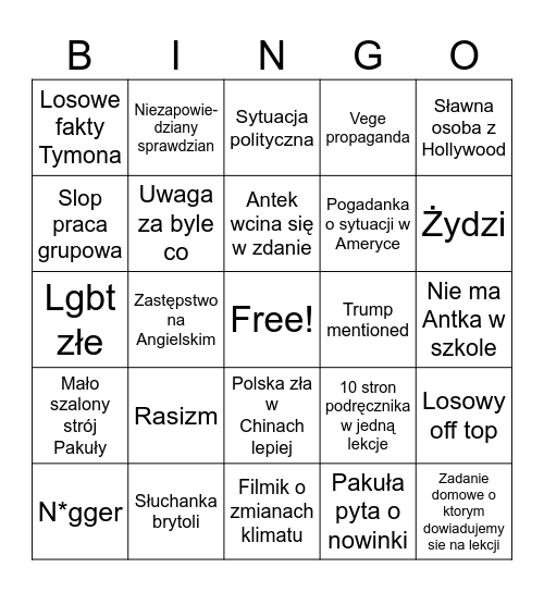 Angielski BINGO Card