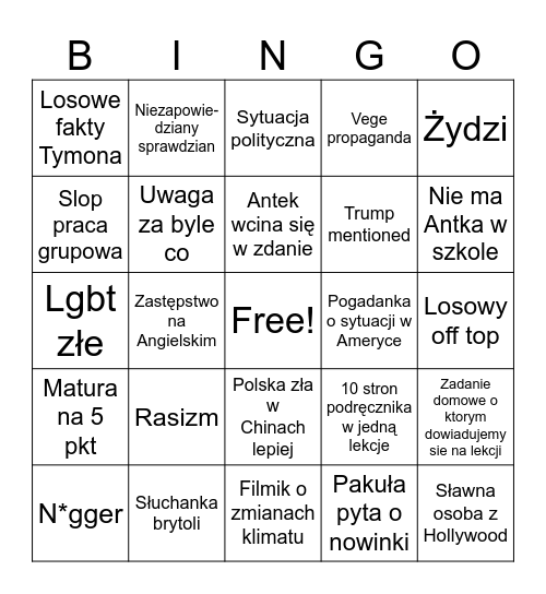 Angielski BINGO Card