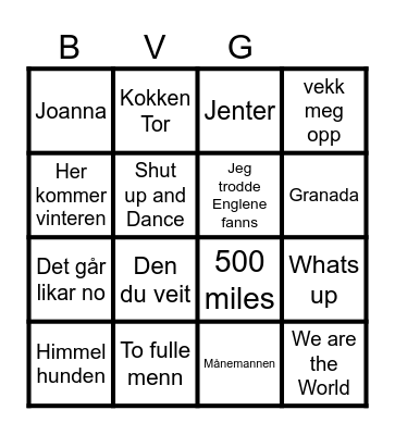 BVG Live musikk Bingo Card