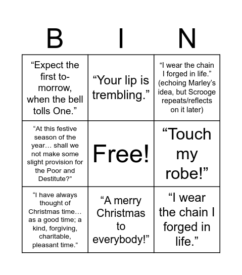 A Christmas Carol Bingo Card