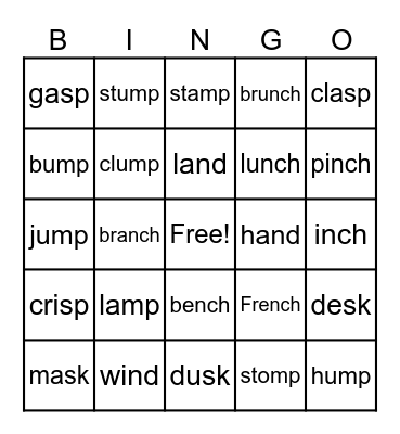 Ending blends mp, nch, nd, sk, sp Bingo Card