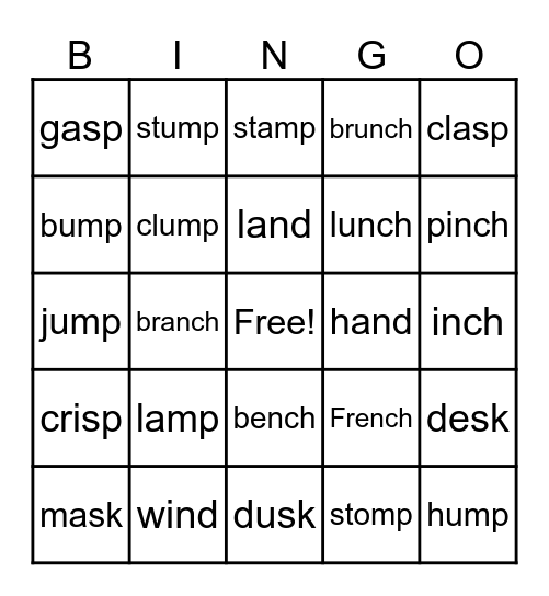 Ending blends mp, nch, nd, sk, sp Bingo Card