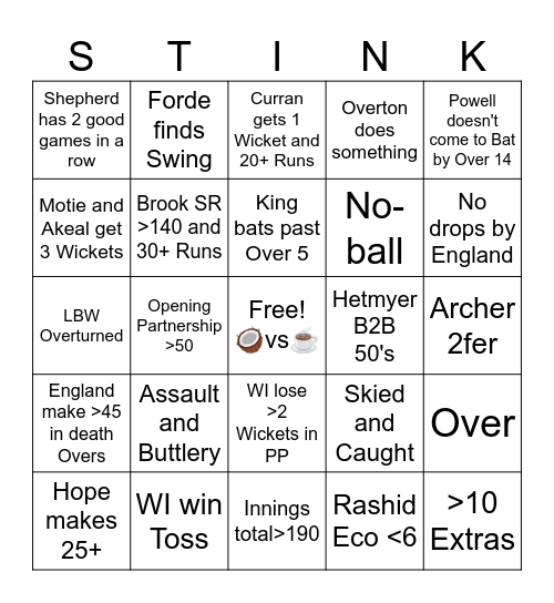 WI vs Sweet Caroline Bingo Card
