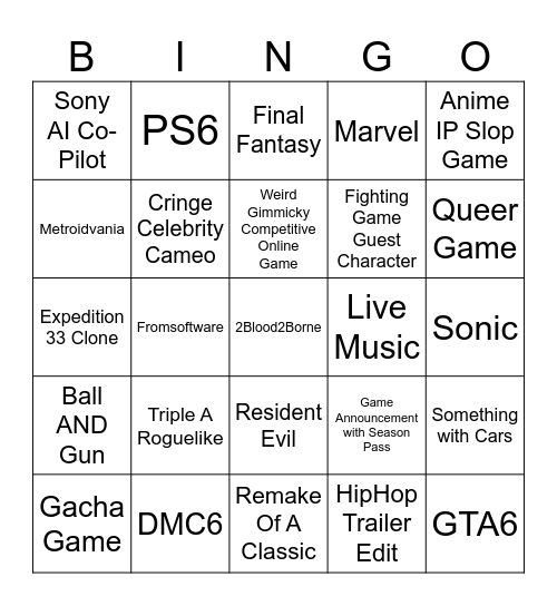 Sony State Of Play 12.02.2026 Bingo Card
