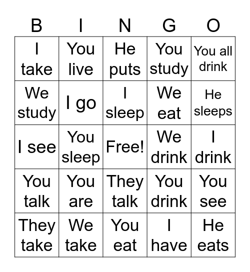 Present Tense Verbs Bingo Card