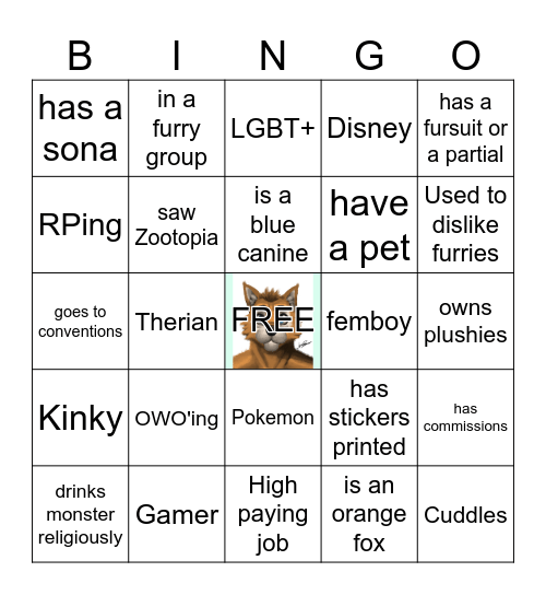 Furry-ness Bingo Card