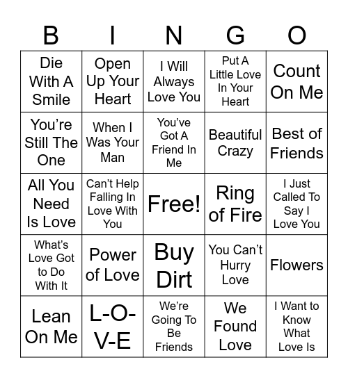 Valentine’s Music Bingo Card