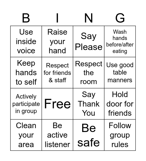 Good Behavior Bingo Card